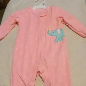 Baby onesie with footues with white dots on pink with cute elephant